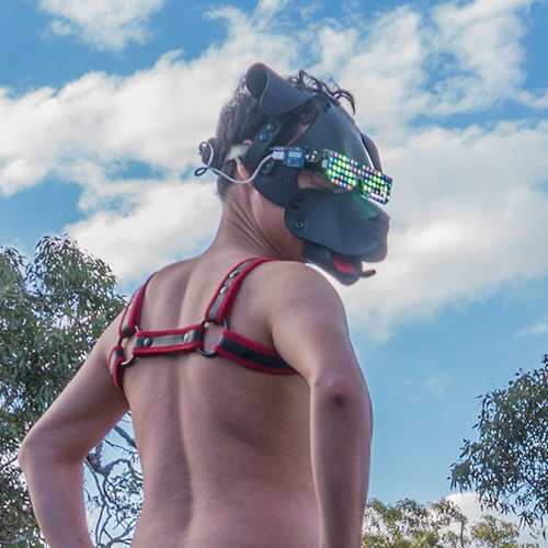 a man in an led-lit puppy mask